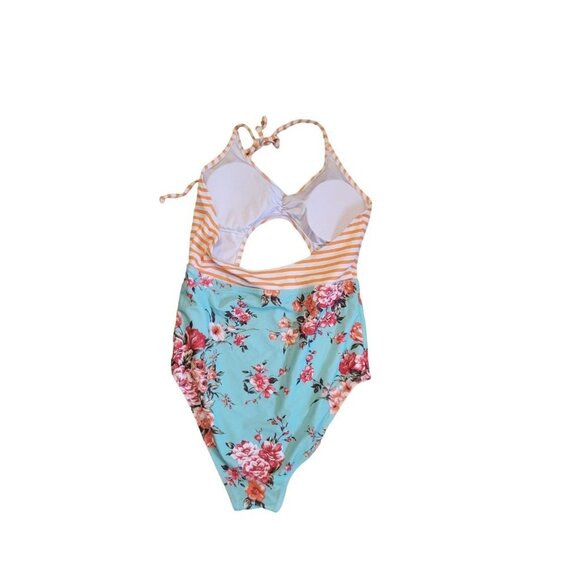 Cupshe one Piece Cut Out Mixed Print Floral Stripes Orange Swimsuit M - Picture 2 of 3